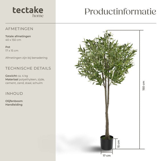 tectake® Kunstmatige Olijfboom Oleand – Mediterrane Kunstplant met Realistische Bladeren en Olijven – Onderhoudsvriendelijk en Veelzijdig – Inclusief Stevige Bloempot – Hoogte: 150 cm