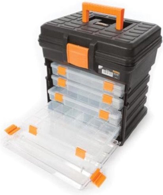 Perel Multifunctionele opbergkoffer, polypropyleen, 5-delig, draagbaar, met 4 uitneembare soorteerdozen, zwart/geel, 340 x 272 x 341 mm