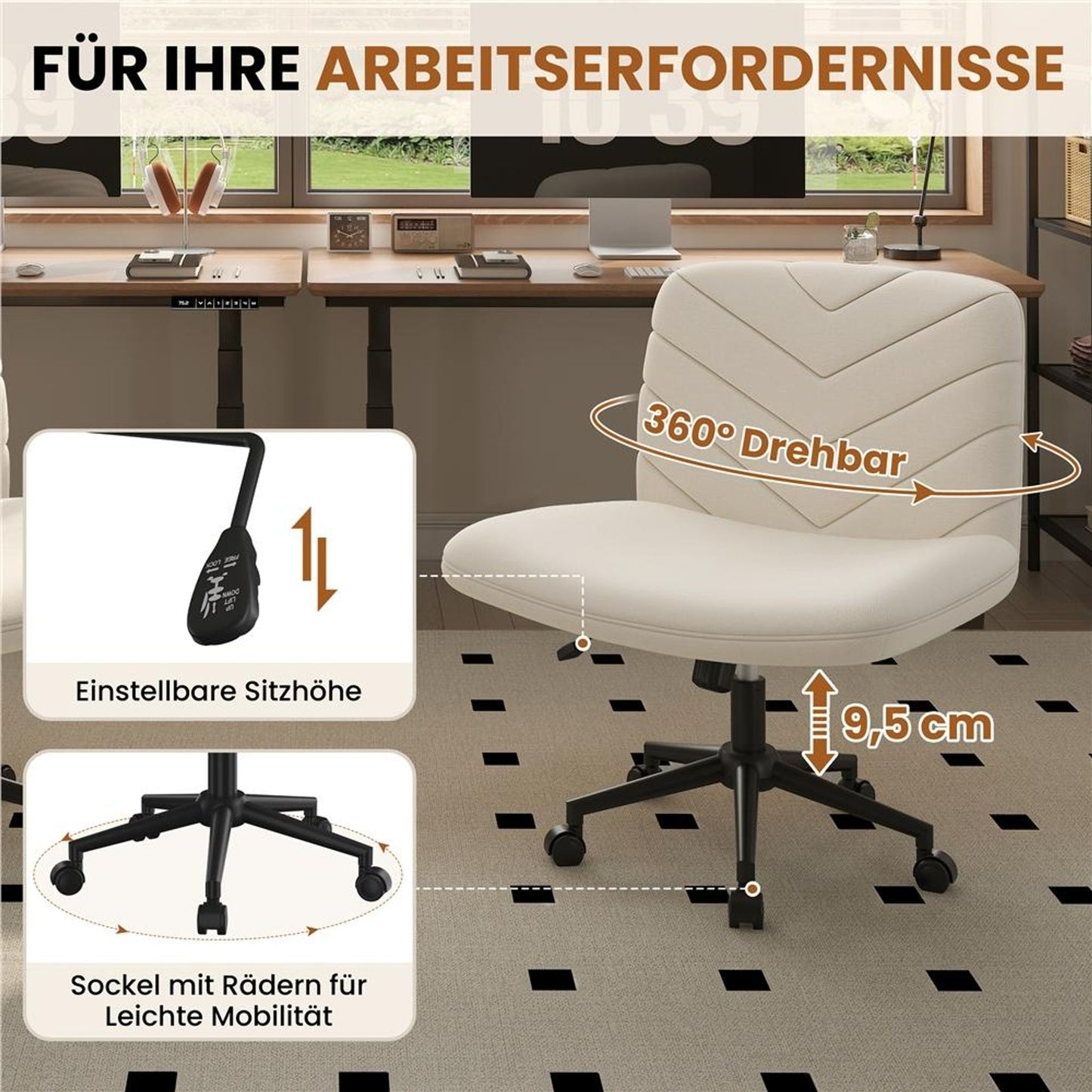 Yaheetech Bureaustoel Brede Zitting - Ergonomische Draaistoel met Rugleuning - In Hoogte Verstelbaar - 66x64,5x82-91,5 cm - Beige