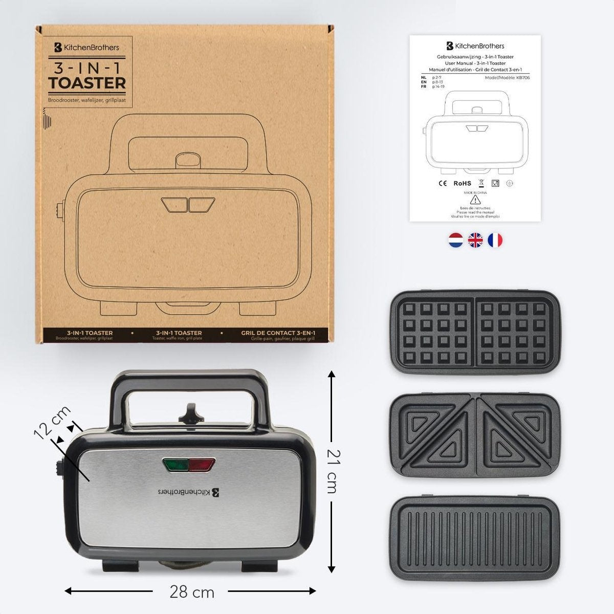 KitchenBrothers 3-in-1 Wafelijzer - Tosti Apparaat - Contact Grill - Verwisselbare Platen - RVS