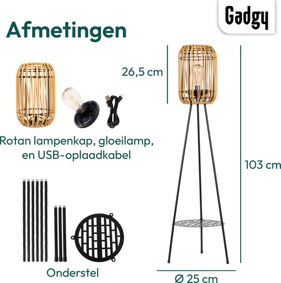 Gadgy Solar Tuinverlichting Staande Lamp Terras - Buitenlamp Zonne Energie Balkon & Tuin - Driepoot Tuinlamp Led Buiten met USB-aansluiting - Tuinverlichting op Zonneenergie - Lantaarn voor Buiten Verlichting - Tuinlampen - Rattan