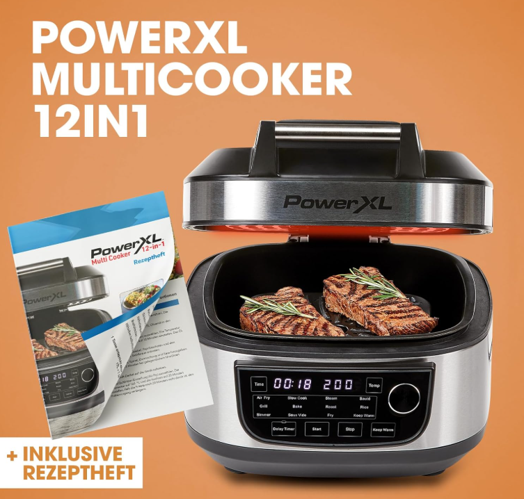 PowerXL Multi-koker 12-in-1 Zonder Grillplaat - 5,7 L - 1200 W - Zilver/Zwart - Airfryer en Slowcooker