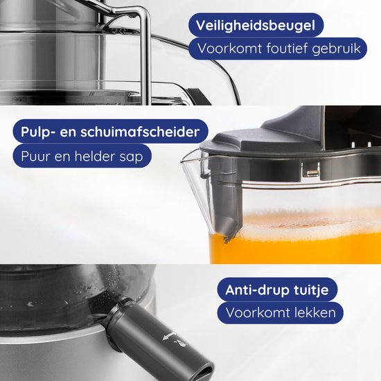 Safecourt Kitchen Sapcentrifuge - Juicer voor Groenten & Fruit - Grote Vulopening - 3 snelheden - 1200 Watt
