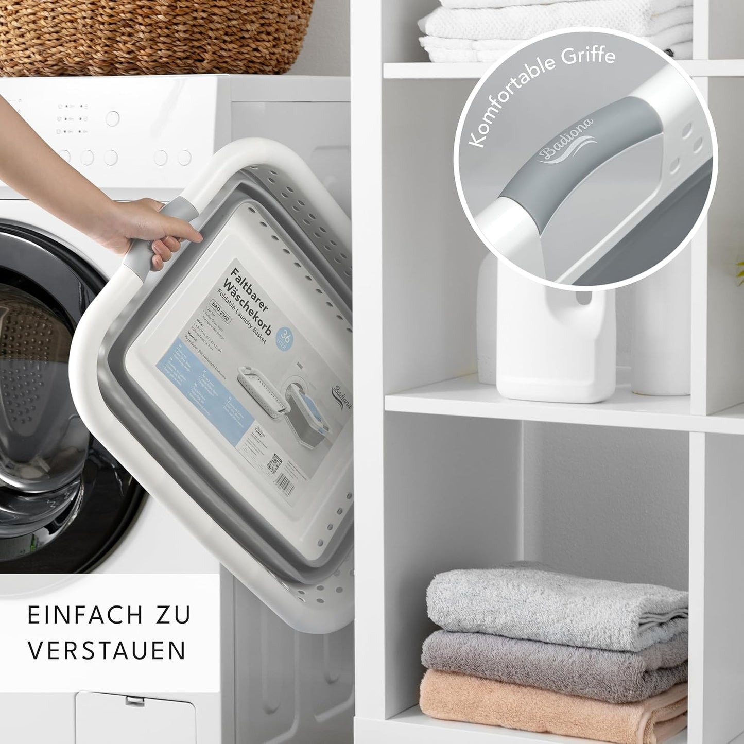 BADIONA Set van 2 Opvouwbare Wasmanden 36L – Grijs/Wit – 61 x 45 x 27 cm – Ruimtebesparend en Multifunctioneel