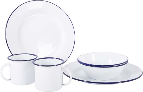 Bo-Camp - Servies - Emaille - 6 Stuks - Wit/Blauw