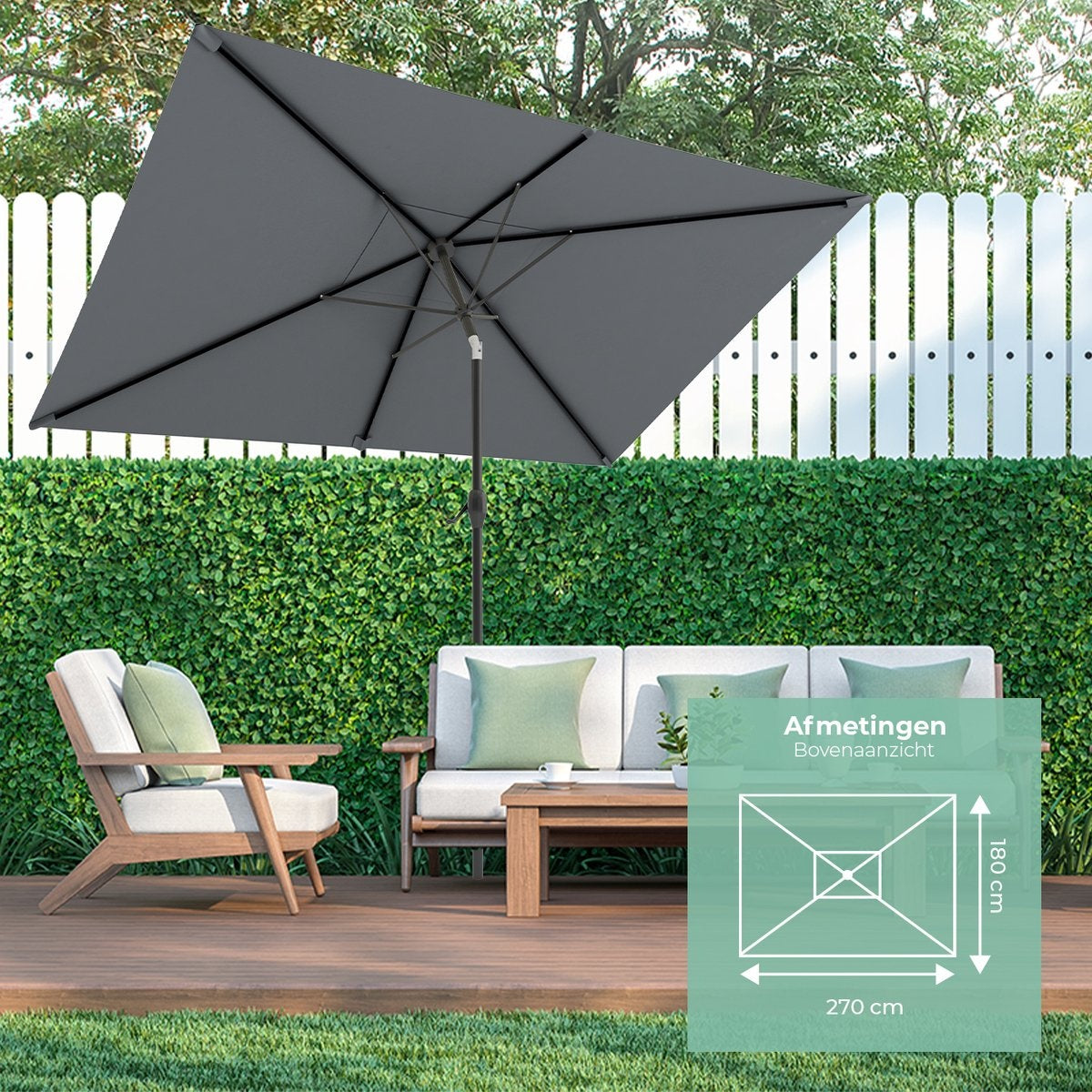 LifeGoods Parasol – Waterdicht & Kantelbaar – 270 x 180 x 245 cm – Donkergrijs