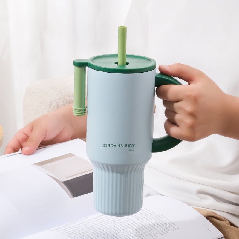 JORDAN&JUDY Subor dubbelwandige stalen beker met rietje, waterbeker voor in de auto, hoogwaardige ijscup groen (920ml)