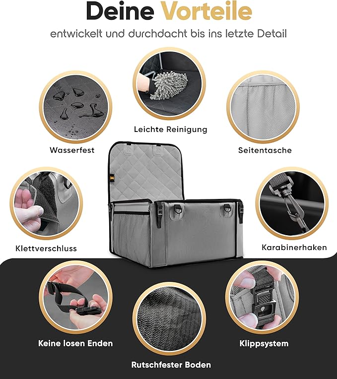 HELDENWERK Hondenautostoel, extra stevig, versterkte wanden, 5 riemen, waterdichte hondenautostoel voor achter- en voorstoel, grijs, standaardmaat