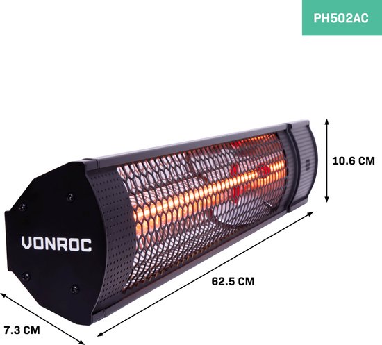 VONROC Terrasverwarmer – Elektrisch, Low Glare & 2 Warmtestanden – 2000 W – 75 x 20 x 18 cm – Zwart