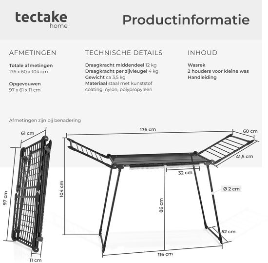 tectake® Droogrek - Wasrek - 18 Meter Drooglengte - Inklapbaar - Staand - Droogrekken met 2 Houders voor Kleine Was - Hoge Zijvleugels voor Lange Kleding - Zwart