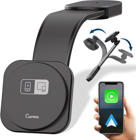 CarMe 4-in-1 CarPlay Dongle Pro - Met Draadloze Oplader - Draadloos CarPlay & Android Auto - Android Auto Dongle - MagSafe Autohouder - Zwart