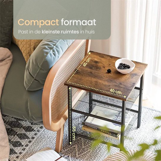 O'DADDY® Bijzettafel Vierkant - Bijzettafels - Nachtkastje - Bijzet tafel - Bijzettafeltje - Kleine Banktafel - Salontafels - Laptoptafel - Koffietafel Industrieel - Tafeltje - Verstelbare Roosterplanken - 40x40x55 cm - Vintage Bruin/Zwart