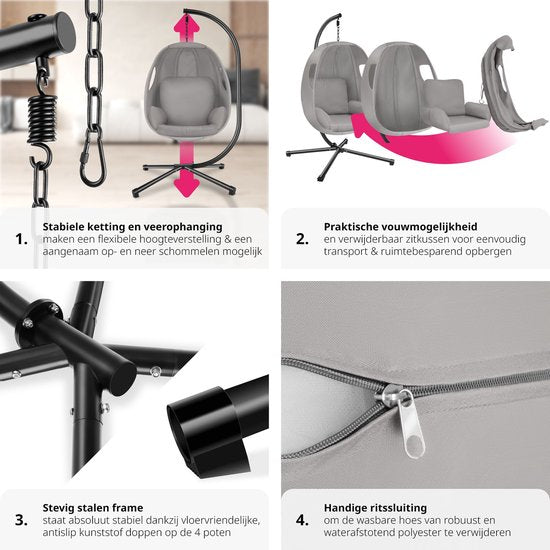 tectake® Hangstoel met frame - Schommelstoel met kussen + rugkussen - Meubels voor woonkamer of slaapkamer - Balkonmeubilair - Binnen of buiten - Tot 160kg - Lichtgrijs