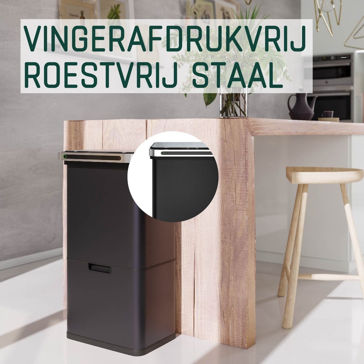 StangVollby Halden Prullenbak met Sensor - 60 Liter - 4 Compartimenten - Soft Close - Zwart
