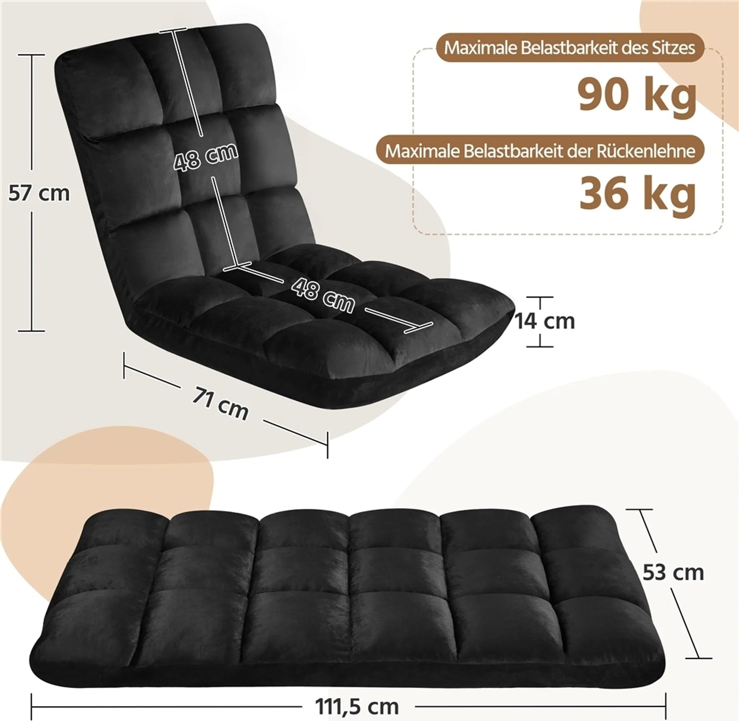 Yaheetech Vloerstoel Inclusief 14 Verstelbare Standen – Voorzien Van Schuim Met Hoge Dichtheid En Stevig Metalen Frame En Zachte Pluche Stof – Voor Woonkamer En Speelkamer – Zwart Polyester – 111,5 x 53 x 14 cm