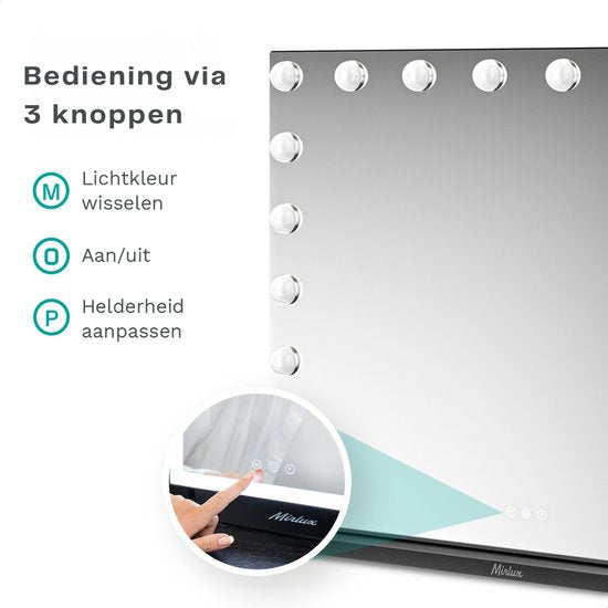 Mirlux Hollywood Spiegel 80x60CM - 2 Bluetooth Speakers - USB & USB-C Oplaadpoorten - LED Verlichting - Make Up Spiegels - 10x Zoom - Ophangbaar - Zwart