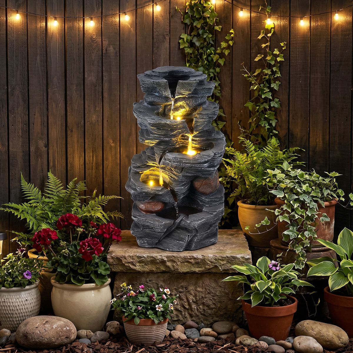 Coast tafelfontein - 5-laags waterval - LED-verlichting - zwart - 27 x 20,5 x 45,5 cm