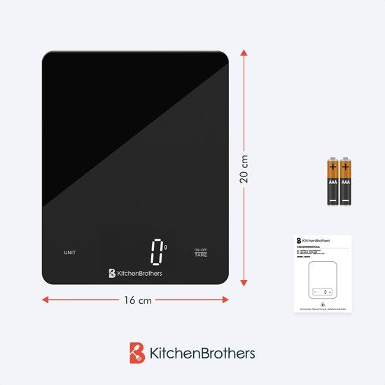 KitchenBrothers Keukenweegschaal - Weegschaal Keuken - Digitaal - 1g tot 10kg - Inclusief Batterijen - Glas/Zwart