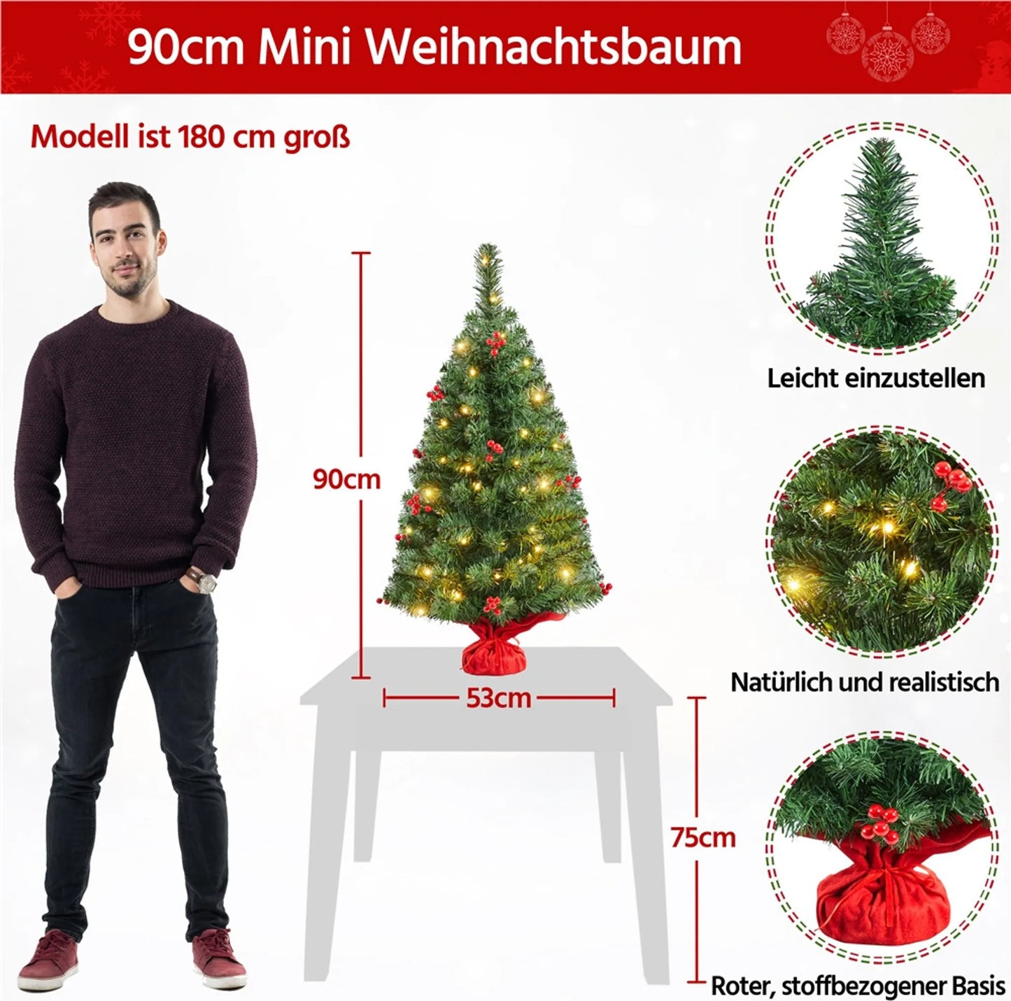 Yaheetech Tafelkerstboom Met Verlichting – 48 x 48 x 90 cm – Voorzien Van 50 LED-Lampjes En 60 Rode Bessen En Betonnen Voet Met Rode Doek – Voor Dressoir En Kantoor – Groen PVC En Beton