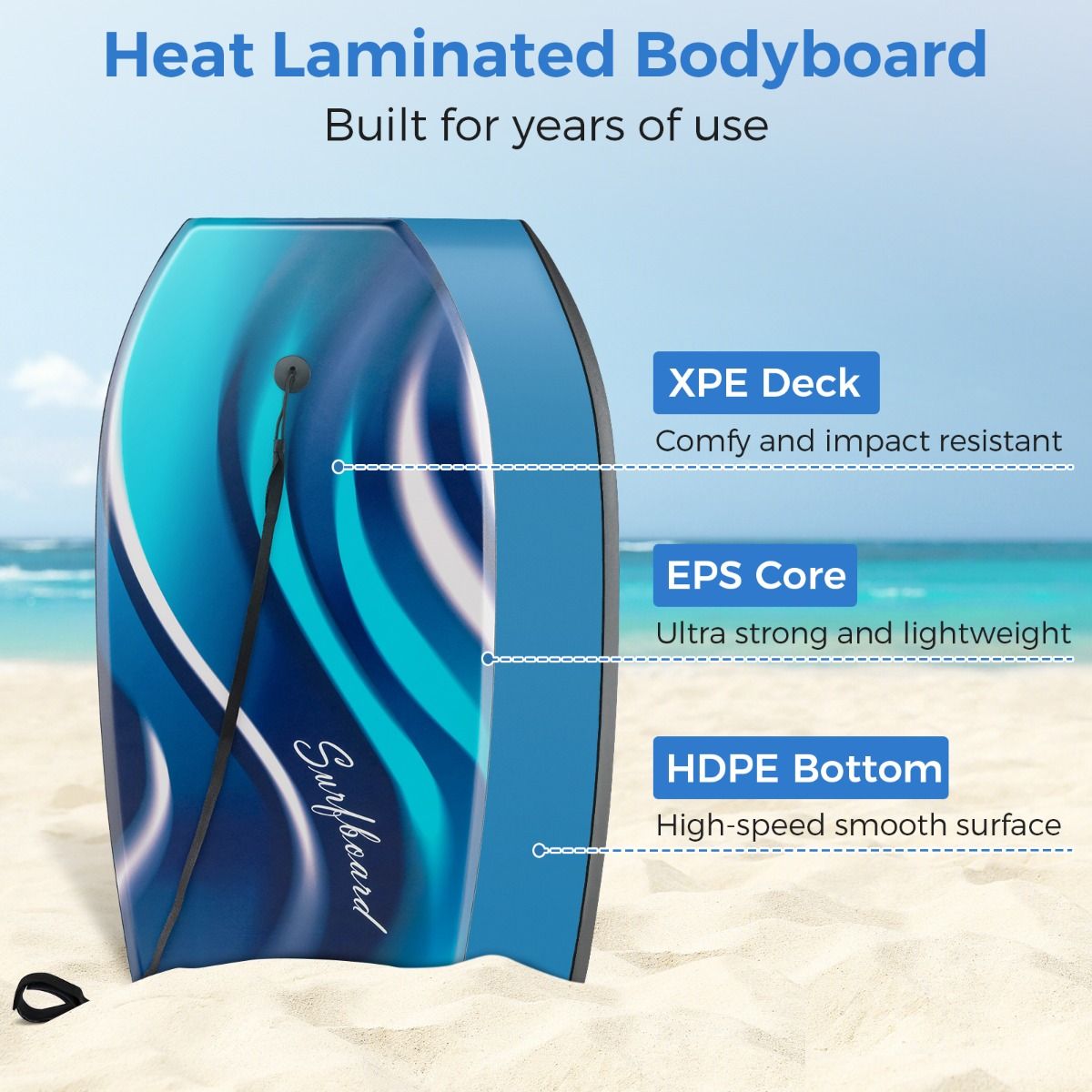 Coast Lichtgewicht Bodyboard 104x52 cm – Blauw – Boogieboard met EPS-kern & HDPE-onderzijde voor Tieners en Volwassenen