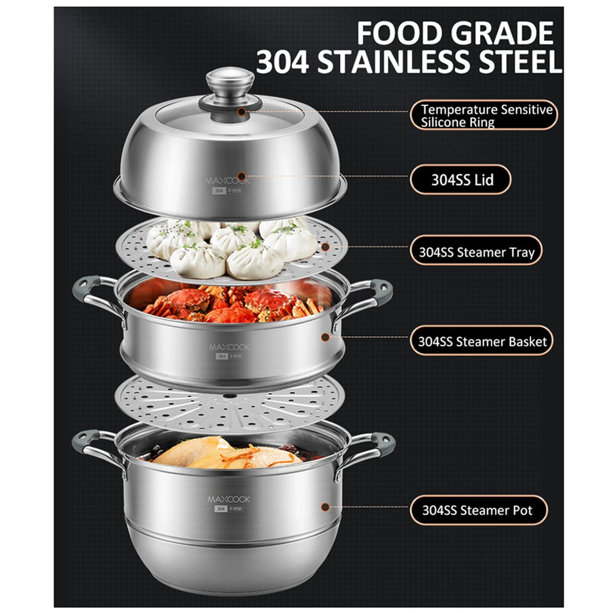 Maxcook 3-laagse stoompan 28 cm - RVS 304 - inductie en gas