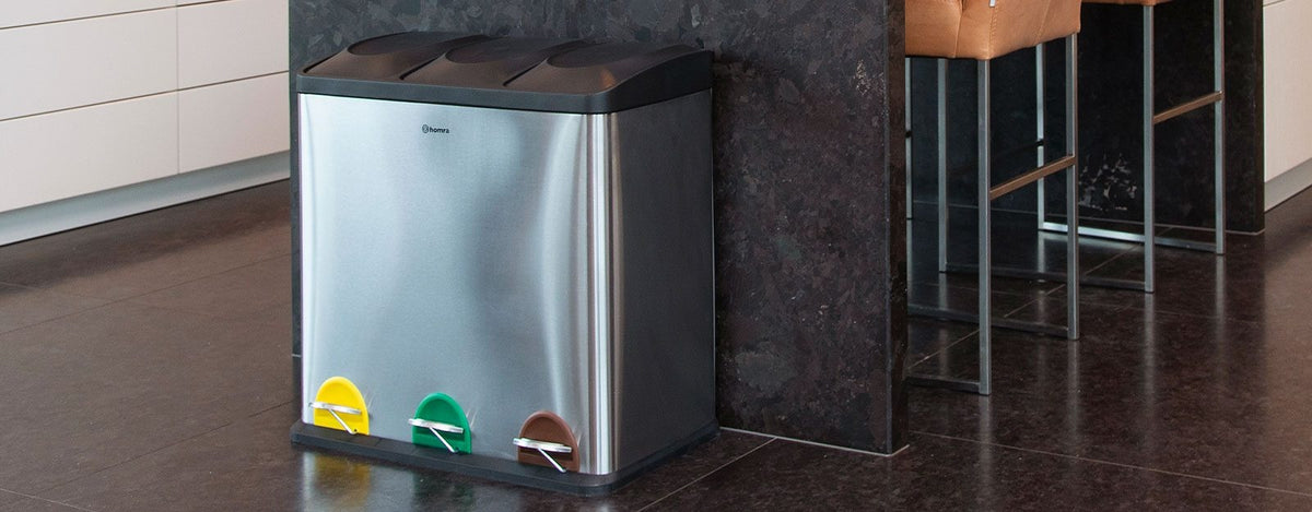 Homra Stephs Prullenbak Afvalscheiding 45 Liter - RVS Prullenbak 3 vakken - Trio Prullenbak 3 X 15 Liter - Pedaalemmer - Vuilnisbak voor huishouden en kantoor - Recycle Vuilbak keuken Afvalemmer - Afvalscheidingsprullenbakken