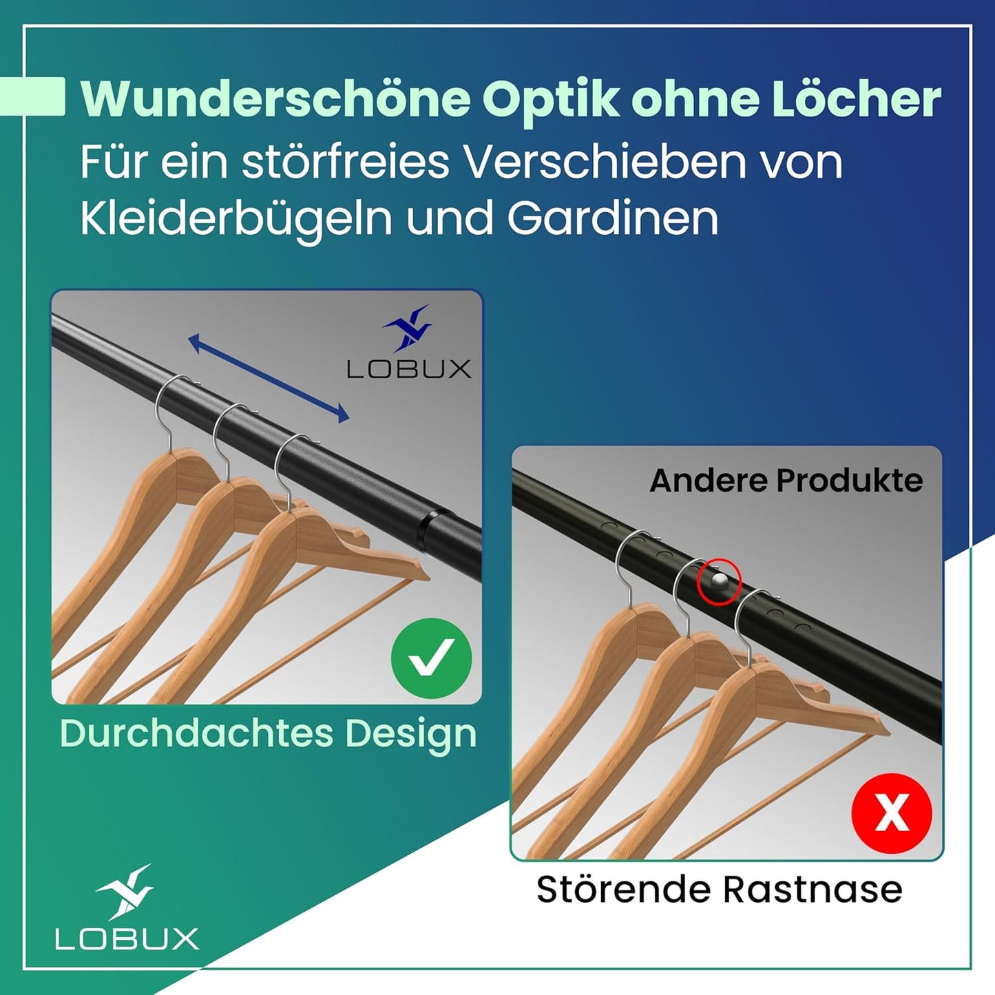 LOBUX® - Gordijnstang zonder boren [zwart, 110-250cm] - telescopische stang gordijn uitschuifbaar - douchestang zonder boren - gordijnstang, douchegordijnstang, kledingstang, klemstang kattennet