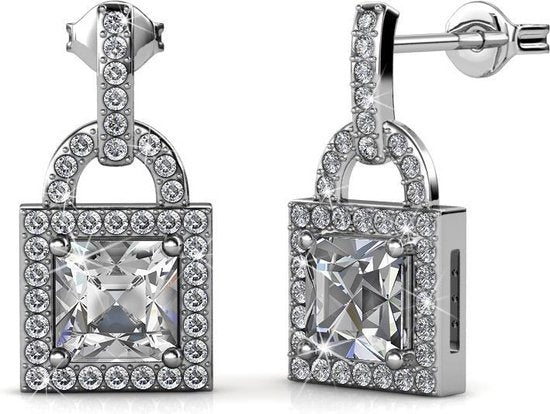 Yolora Dames Oorbellen Slotje - Kalpa Camaka Kristallen - Zilverkleurig - 18K Witgoud Verguld - Vrouwen Oorhangers Zilver - Sieraden - Luxe Giftbox - Geschenkdoos - Cadeau doos - Mooie Cadeauverpakking - Moederdag Cadeautje