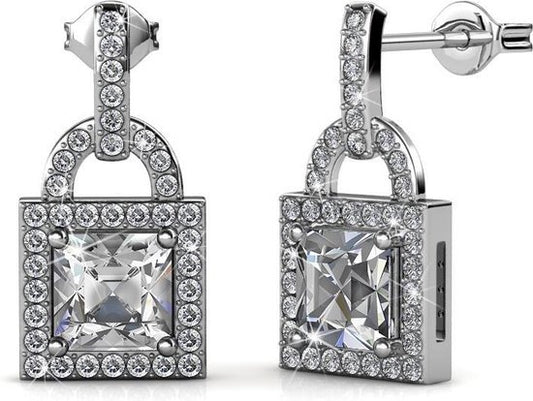 Yolora Dames Oorbellen Slotje - Kalpa Camaka Kristallen - Zilverkleurig - 18K Witgoud Verguld - Vrouwen Oorhangers Zilver - Sieraden - Luxe Giftbox - Geschenkdoos - Cadeau doos - Mooie Cadeauverpakking - Moederdag Cadeautje