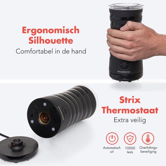 KitchenBrothers Elektrische Melkopschuimer - 4-in-1 - Melkklopper - 240 ML - Handige Melkschuimer - Zwart
