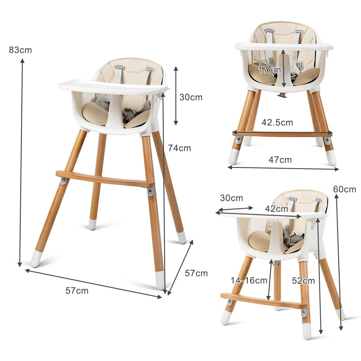 Coast 2-in-1 kinderstoel - hoge kinderstoel - hout - verstelbaar 57 x 57 x 83 cm - crème wit + naturel