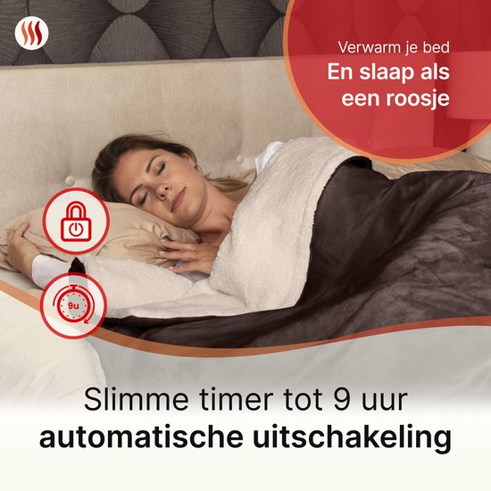 Seranova Elektrische Deken XXL - Extra Warmtedraden - Premium Model - 180x160 cm - 2 persoons Warmtedeken - Dubbelzijdig Fleece Sherpa - Kastanjebruin