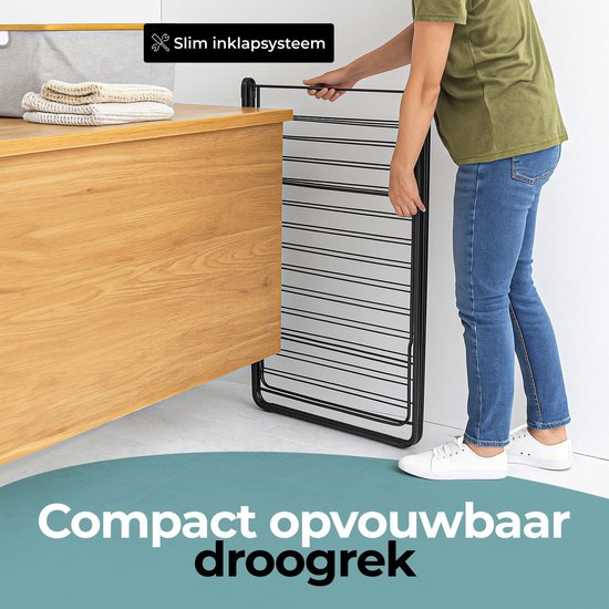 STAUS&BACH Droogrek 20m - Stevig - Inklapbaar Wasrek - Staand - Staal - Mat zwart - Aeriq Compact