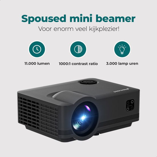 Spoused Beamer - Full-HD - 11.000 Lumen - Streamen Vanaf Je Telefoon Met WiFi - Mini Beamer - Zwart
