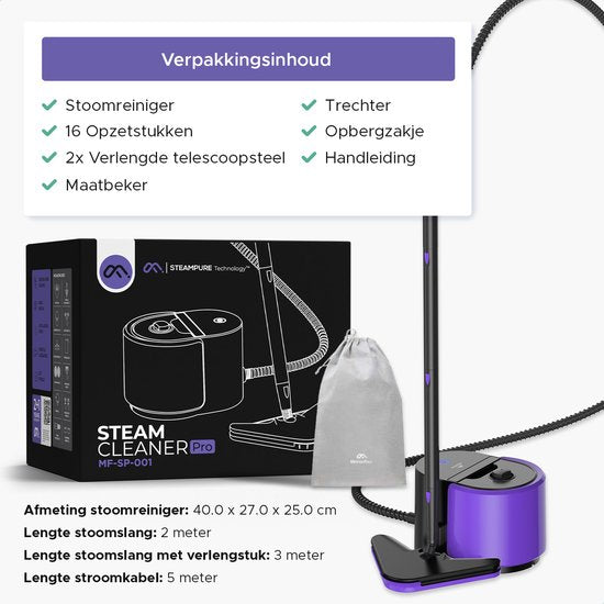 Motionflow Stoomreiniger PRO - Dieptereiniging met Verwarmingsfunctie - 1500W 1.5L Watertank - Handstomer voor Diepe Reiniging Vloer, Bank, Badkamer en Tapijt - Tapijtreiniger & Vlekkenreiniger - Zetelreiniger - Zwart