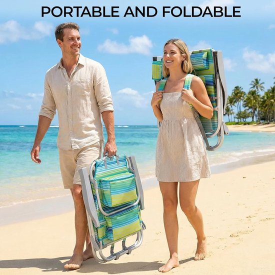 Luxe Strandstoel Set van 2 - Verstelbaar (5 Standen) - Inklapbaar met Rugzakbanden, Koeltas & Handdoekrek - Groen/Blauw Gestreept