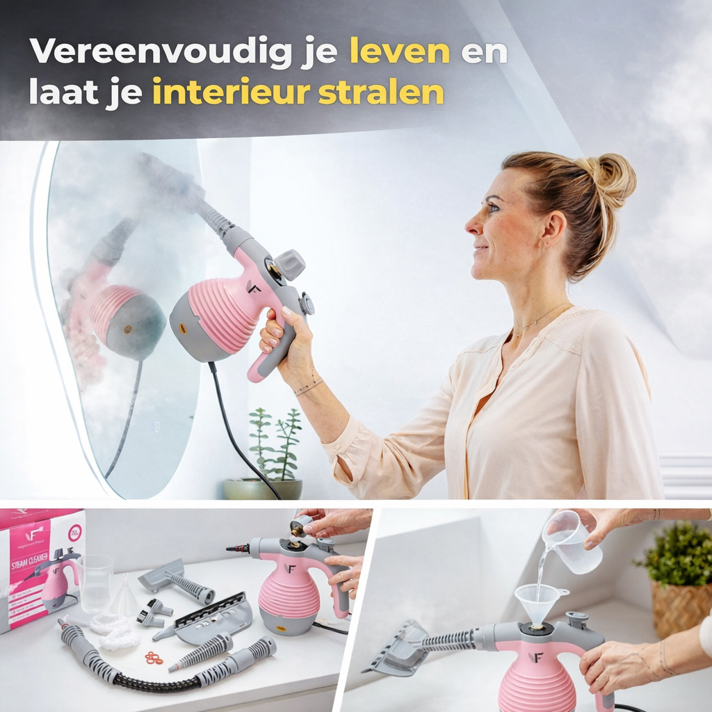 Hand stoomreiniger - Stoomregeling - Inclusief 10 accessoires - 350 ml tank - Roze