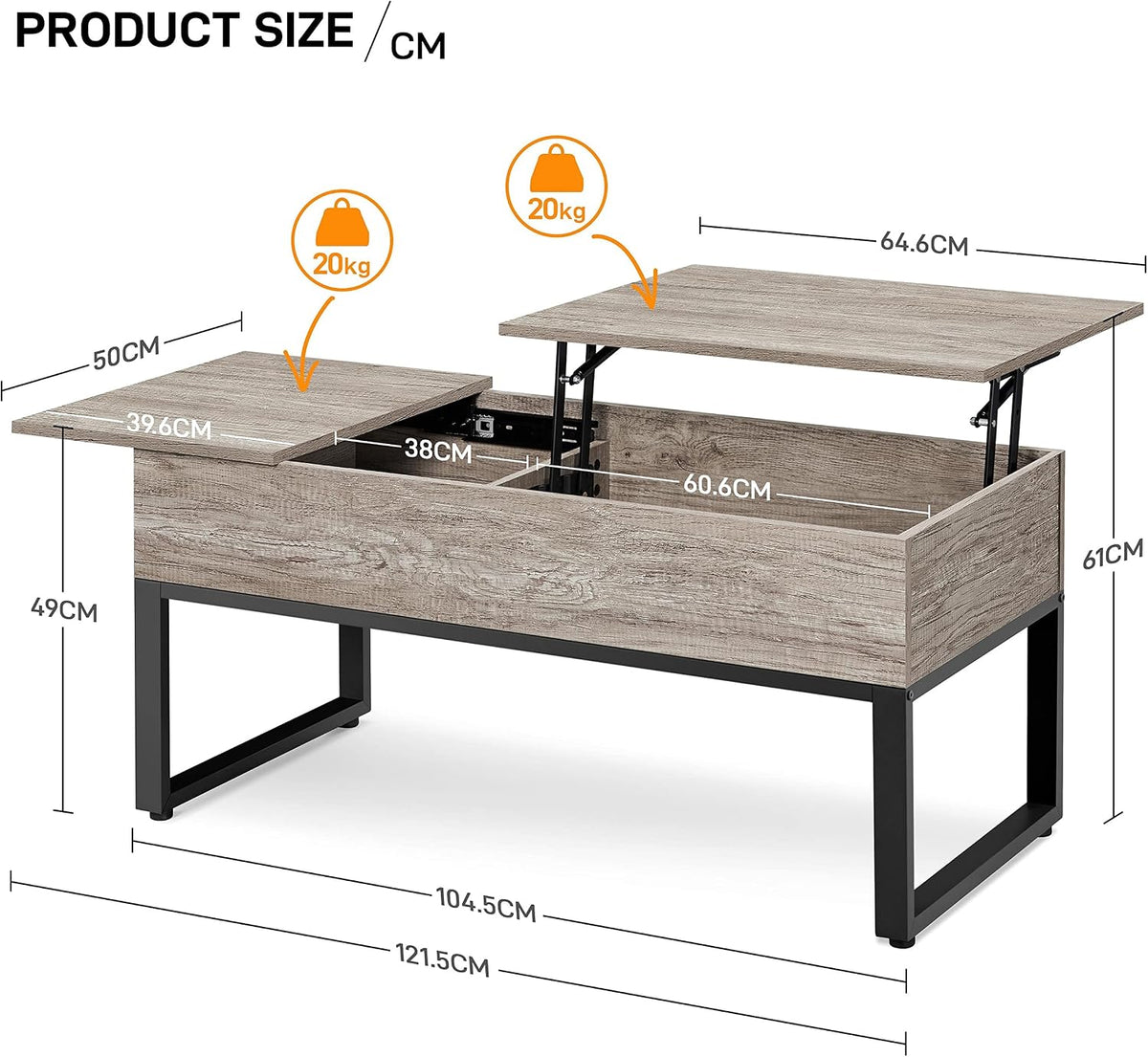 Yaheetech Lift-top salontafel met verborgen opbergruimte - 105 x 50 x 61 cm - Grijs