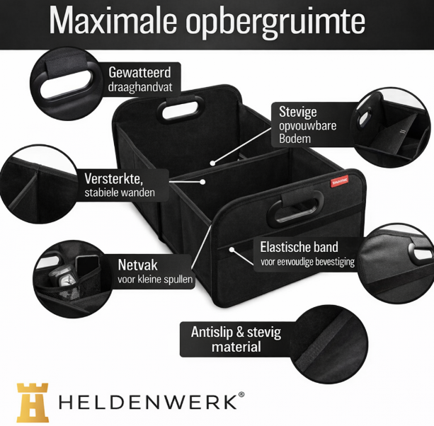 HELDENWERK kofferbaktas opvouwbaar en stabiel - kofferbakorganizer boodschappentas voor praktische opslag - autovouwdoos, kofferbakdoos (zwart)