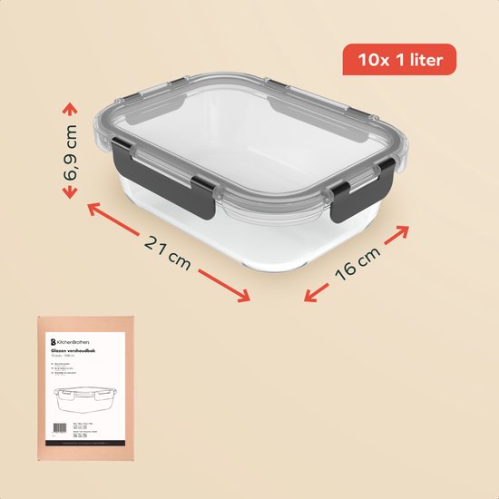 KitchenBrothers Meal Prep Bakjes - Glazen Vershoudbakjes - Luchtdicht - BPA en PFAS Vrij - 1L - Glas - 10 Stuks