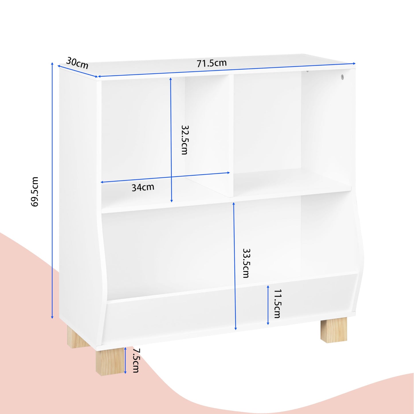 Lestarain Montessori kinder boekenkast - wit - 3 vakken - met massief houten poten - 71,5 x 77 x 34,5 cm