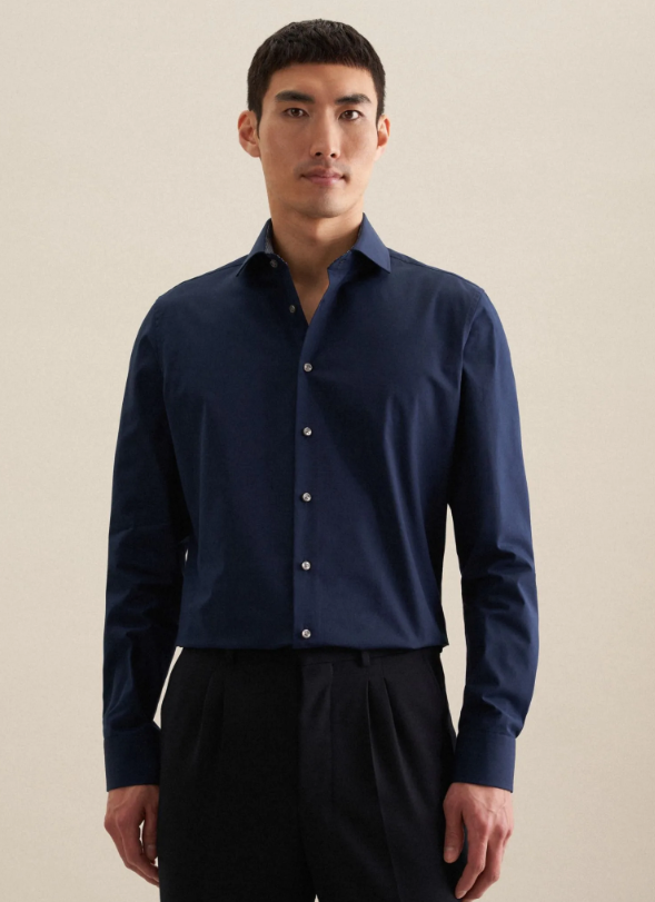 Seidensticker Business Overhemd - Donkerblauw - Slim Fit, Kentkraag, Bügelfreie Katoen