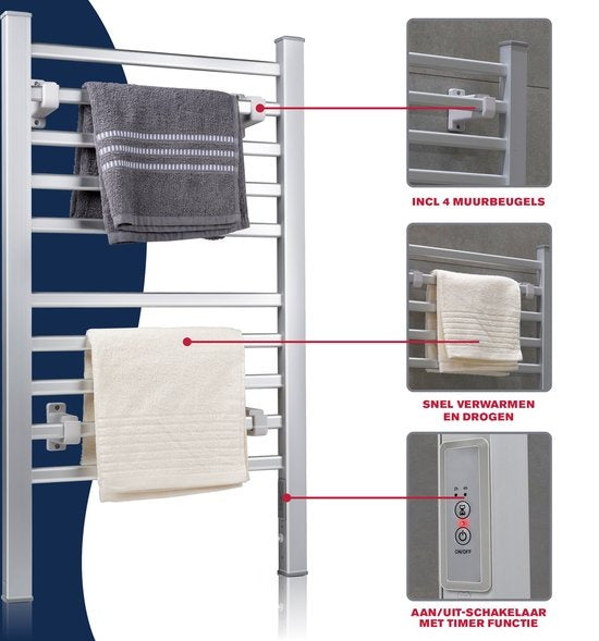 Dirt Devil Elektrische Handdoekradiator - Handdoekrek Badkamer - Vrijstaand of Wandmontage - Aluminium