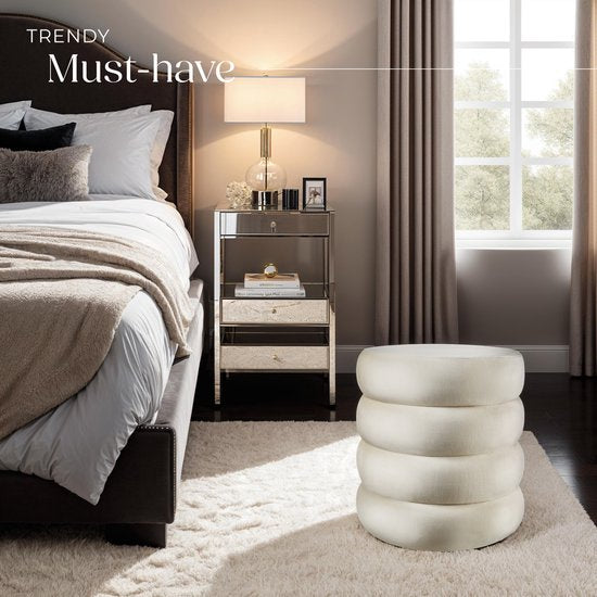 tectake® Kruk met opbergruimte - Scandi kruk fluweelstof - Ronde gestoffeerde poef voor kaptafel, slaapkamer, woonkamer of als halmeubel - Opbergkruk - creme
