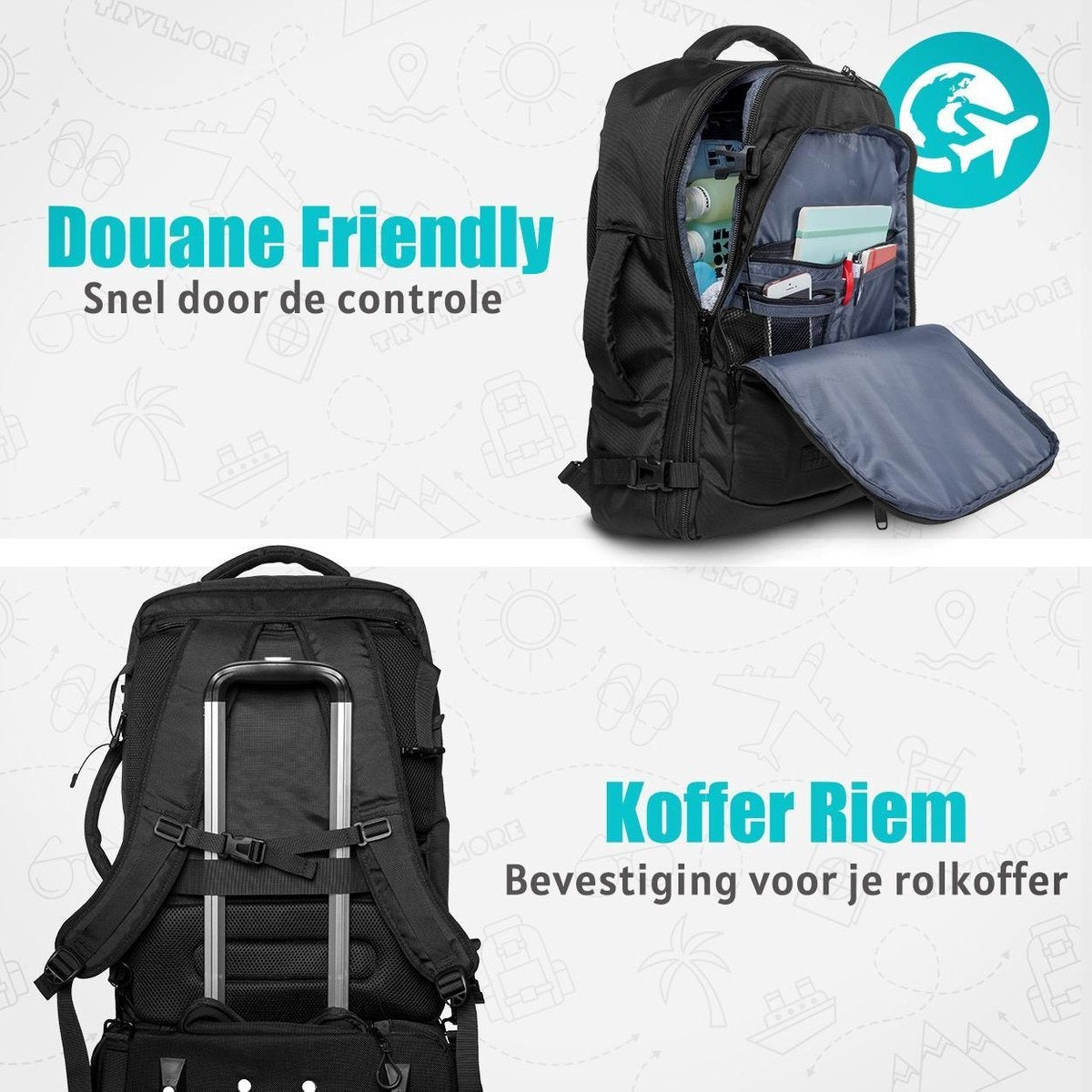 TRVLMORE Reistas - 40L - Rugzak - Handbagage Weekendtas - Backpack - Spatwaterdicht Zwart