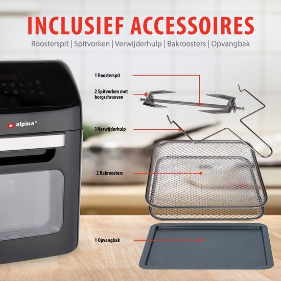 alpina Airfryer Oven 12L - Heteluchtfriteuse 1800W - Heteluchtoven met Bak en Grillfunctie
