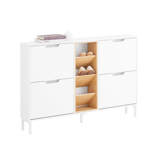 SoBuy Schoenenkast FSR183-WN - 4 Kieplades - 3 Open Vakken - 126 x 19 x 85 cm - Wit