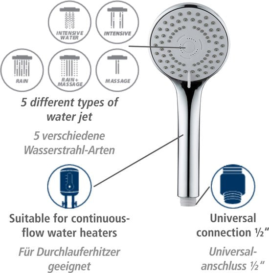 WENKO Handdouche set Basic 9,5cm - 5 straalsoorten - Chroom - Douchekop met slang