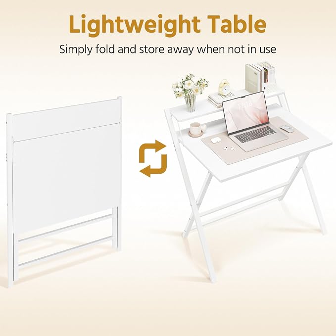 Yaheetech Opvouwbaar Bureau 80 x 50 cm - Wit - Computertafel met Monitorverhoger en Opbergplank