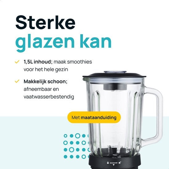 MOA - Krachtige blender - Met glazen kan - 1,5 liter - 1000 watt - TB61 - Roestvrij staal
